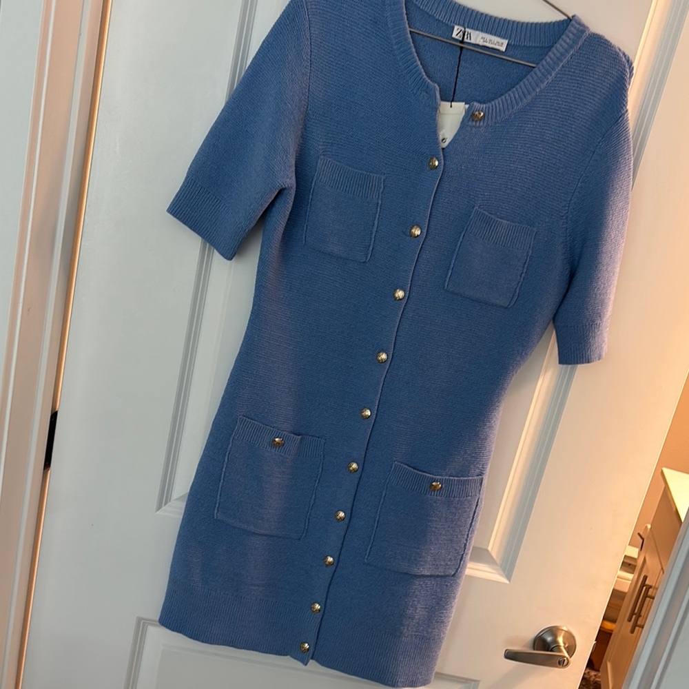 Elegant Blue Cardigan Dress with Gold Accents